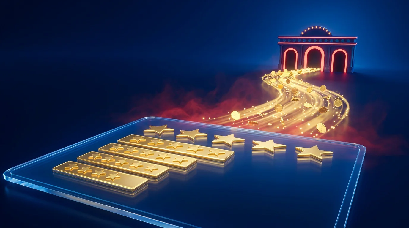 Eine glänzende Bewertungsliste mit fünf Sternen, im Hintergrund ein Geldfluss vom Casino zur Bewertungsseite