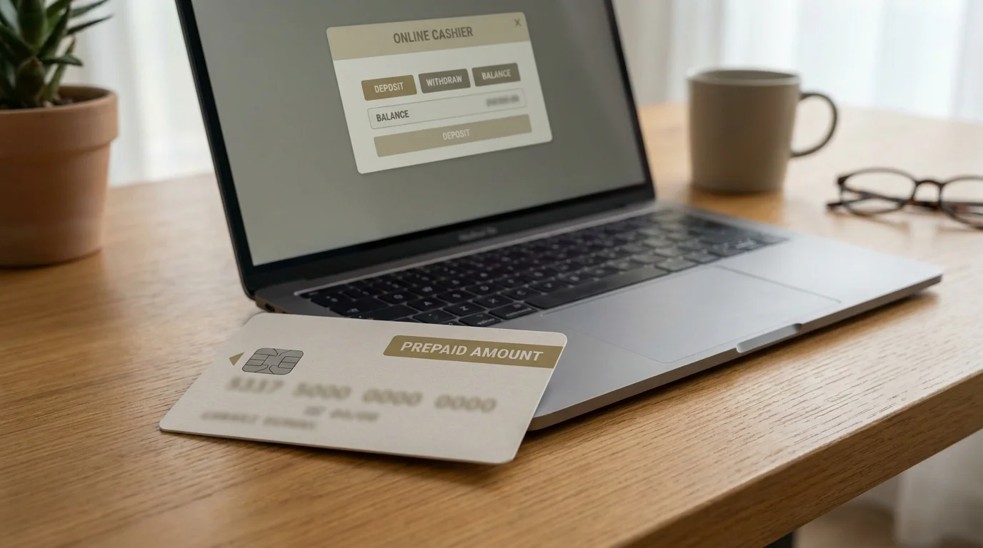 Ein paysafecard-Gutschein mit festem Betrag liegt neben einem Laptop mit geöffnetem Casino-Kassenbereich.