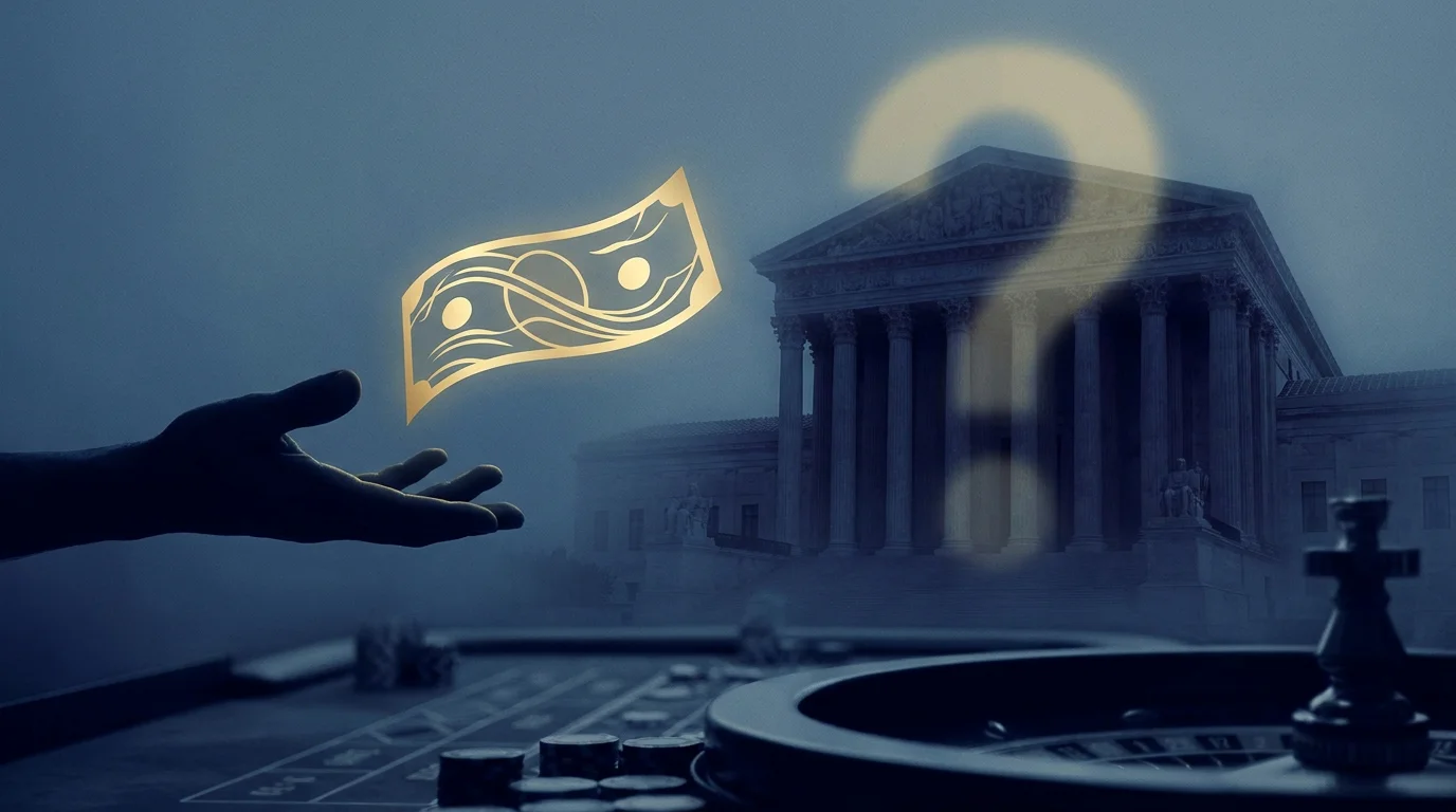 Ein Geldschein, der von einem Casino zurück in die Hand eines Spielers fließt, im Hintergrund ein Gerichtsgebäude mit Fragezeichen