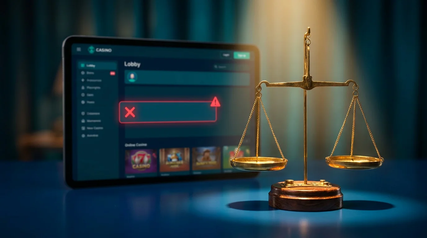 Ein Online-Casino mit einem leeren, durchgestrichenen Lizenzfeld, davor ein Waage-Symbol für die Rechtsfrage