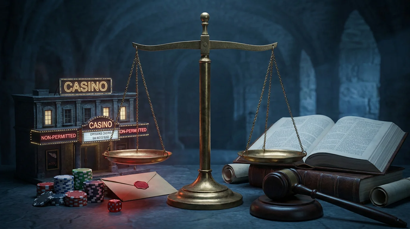 Eine Waage der Justiz, auf deren einer Seite ein Casino ohne Erlaubnis und auf deren anderer ein Gesetzbuch liegt