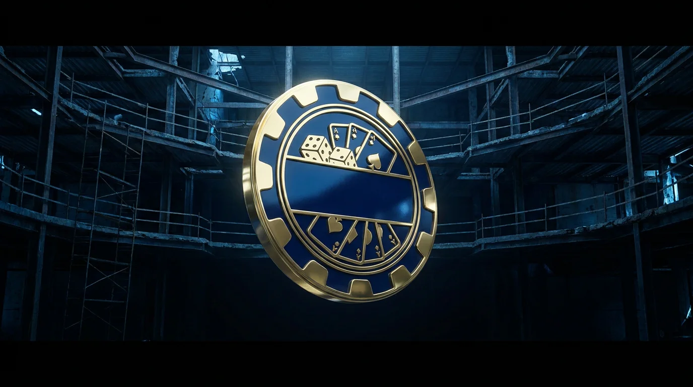 Ein glänzendes Casino-Emblem mit dem Wort seriös, hinter dem eine leere, aufsichtslose Struktur sichtbar wird