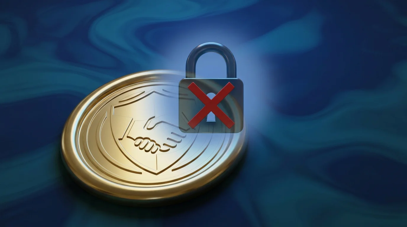 Ein glänzendes Seriös-Siegel, hinter dem ein durchgestrichenes Sperr-Symbol sichtbar wird