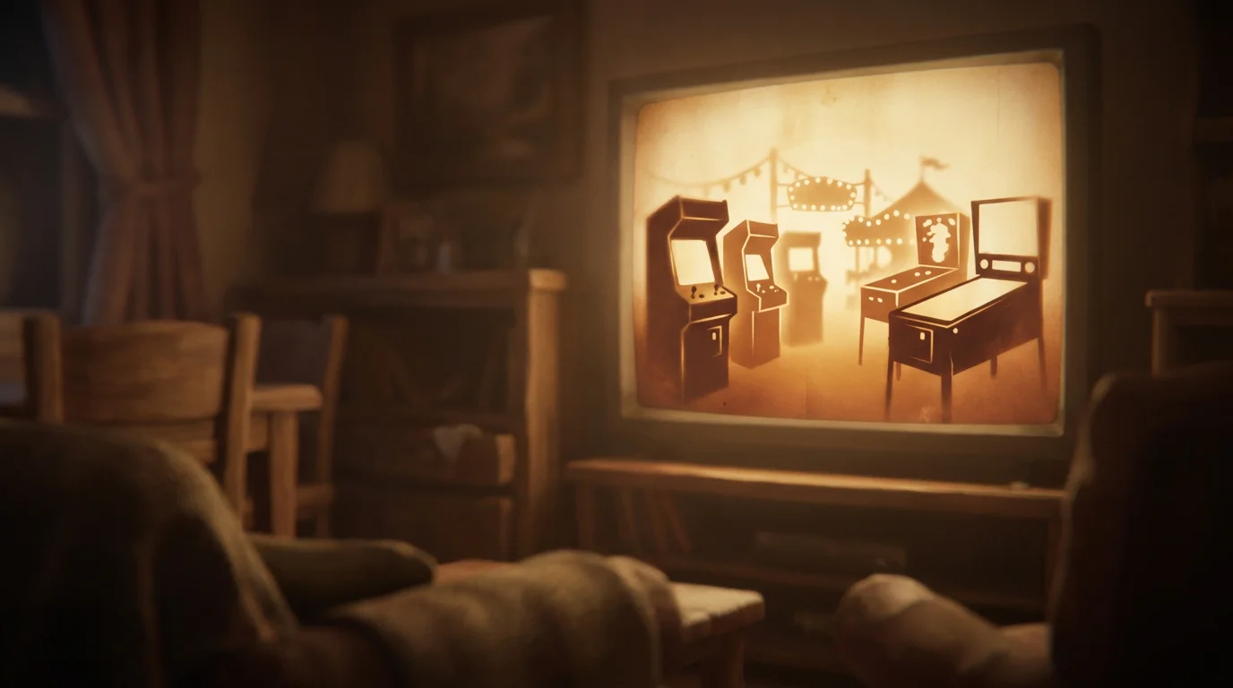 Ruhiges Konzeptbild: das vertraute Flair einer klassischen Spielhalle, das auf einen Bildschirm übertragen wird, warmes nostalgisches Licht, Format 1200x630, keine Schrift, keine Logos