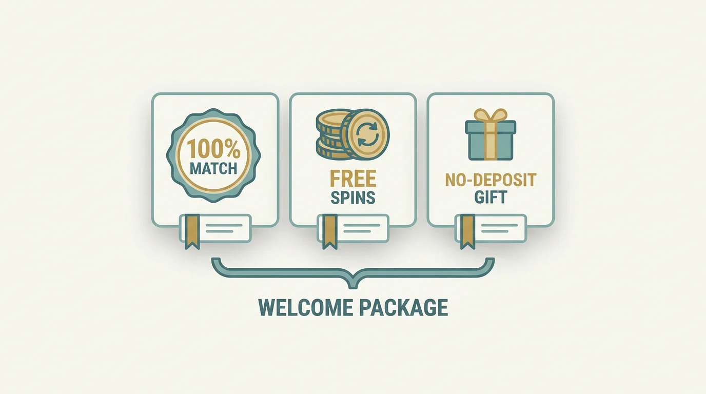 Uebersicht der Willkommensbonus-Arten: prozentualer Match-Bonus, zusaetzliche Freispiele und ein kleiner Teil ohne Einzahlung als Bestandteile eines Willkommenspakets