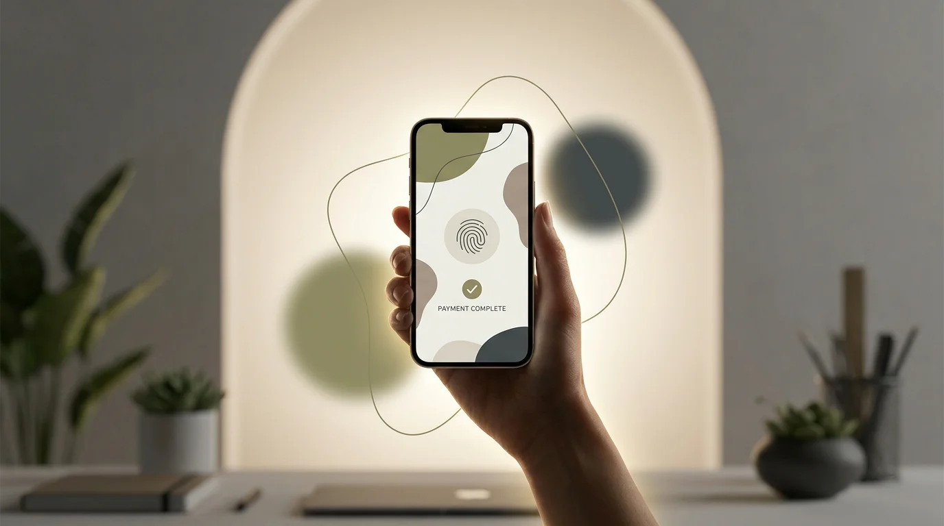 Ruhiges Konzeptbild: ein Smartphone zeigt einen direkten Zahlungsvorgang ohne langes Anmeldeformular, warmes Gegenlicht, Format 1200x630, sachliche Stimmung