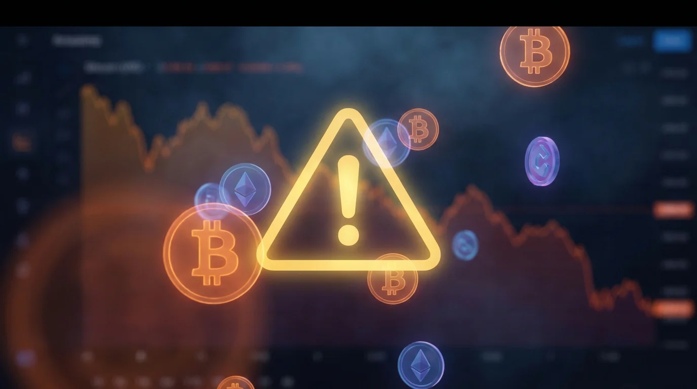 Ein Crash-Game, das mit Bitcoin- und Krypto-Symbolen wirbt, daneben ein Warndreieck