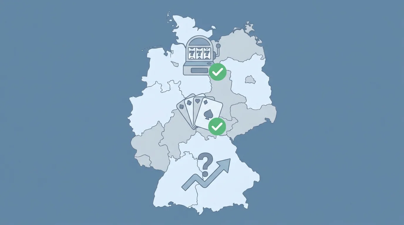 Eine Deutschlandkarte, auf der Automatenspiele und Poker erlaubt sind und Crash-Games mit einem Fragezeichen markiert sind