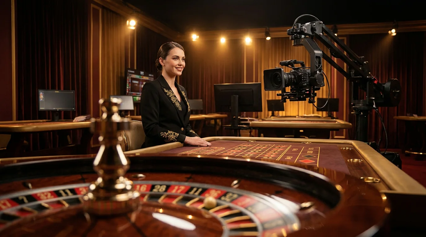Ein Live-Dealer-Studio mit einer Croupière am Roulette-Tisch, die per Kamera in Echtzeit übertragen wird