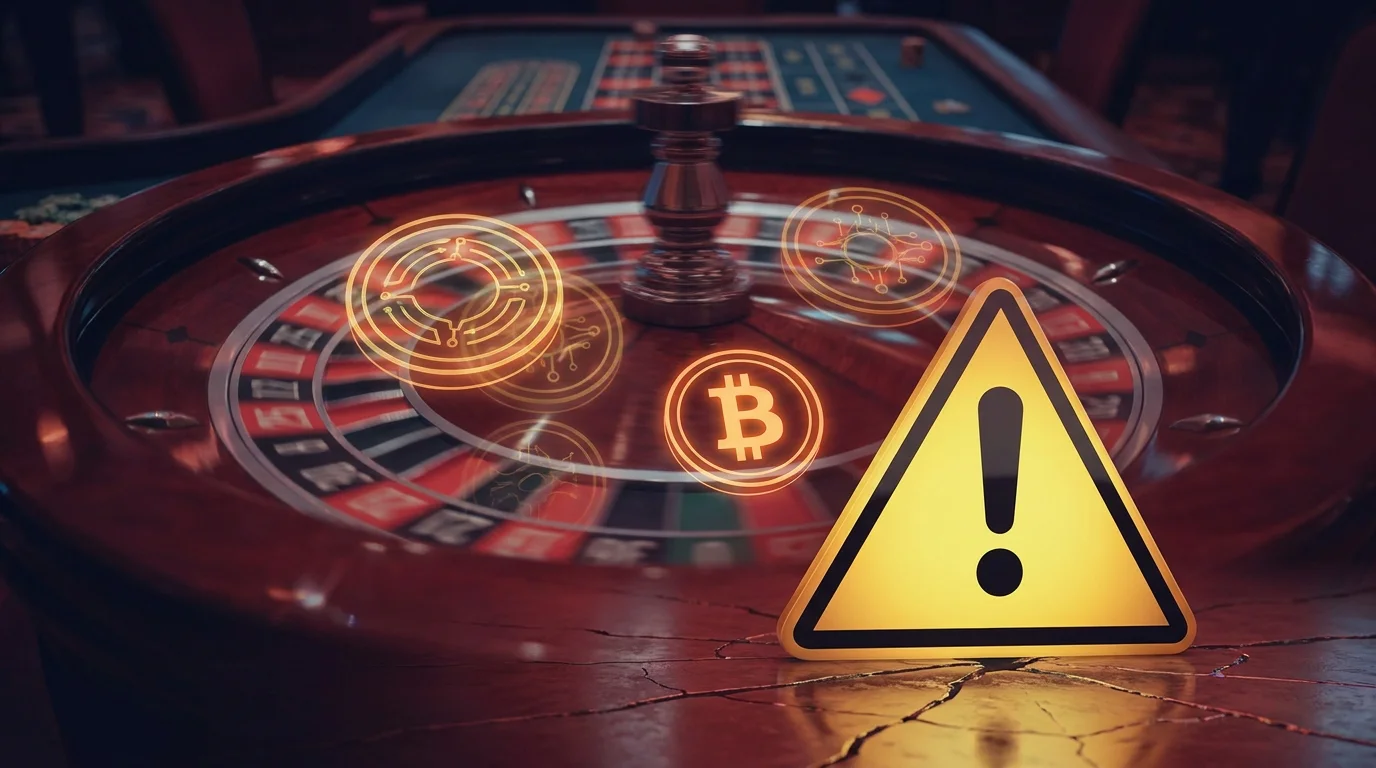 Ein Warnschild vor einem Live-Casino, das mit Bitcoin- und Krypto-Symbolen wirbt