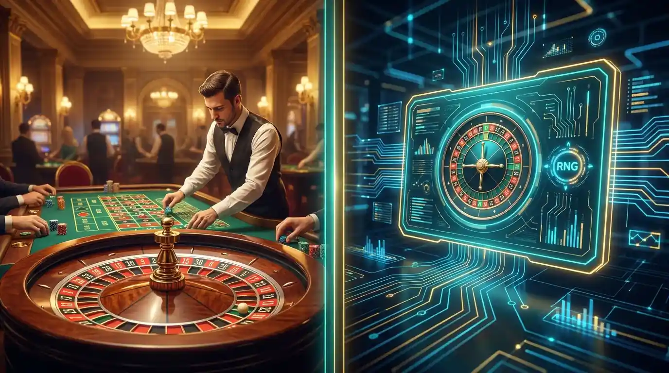 Gegenüberstellung eines Live-Roulette-Tischs mit Croupier und eines digitalen, vom Zufallsgenerator gesteuerten Roulette-Bildschirms