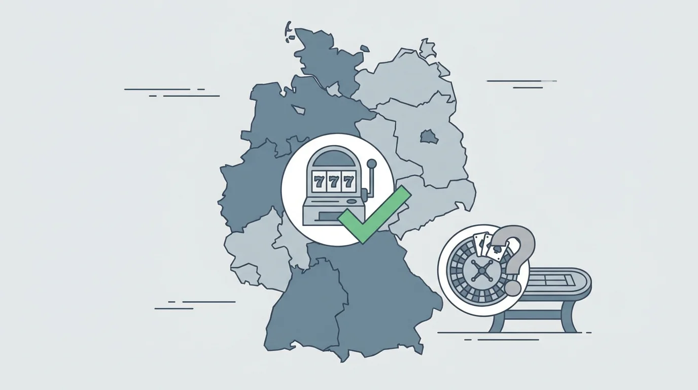 Eine Deutschlandkarte, auf der Spielautomaten bundesweit erlaubt sind, Live-Tische aber mit Fragezeichen markiert sind