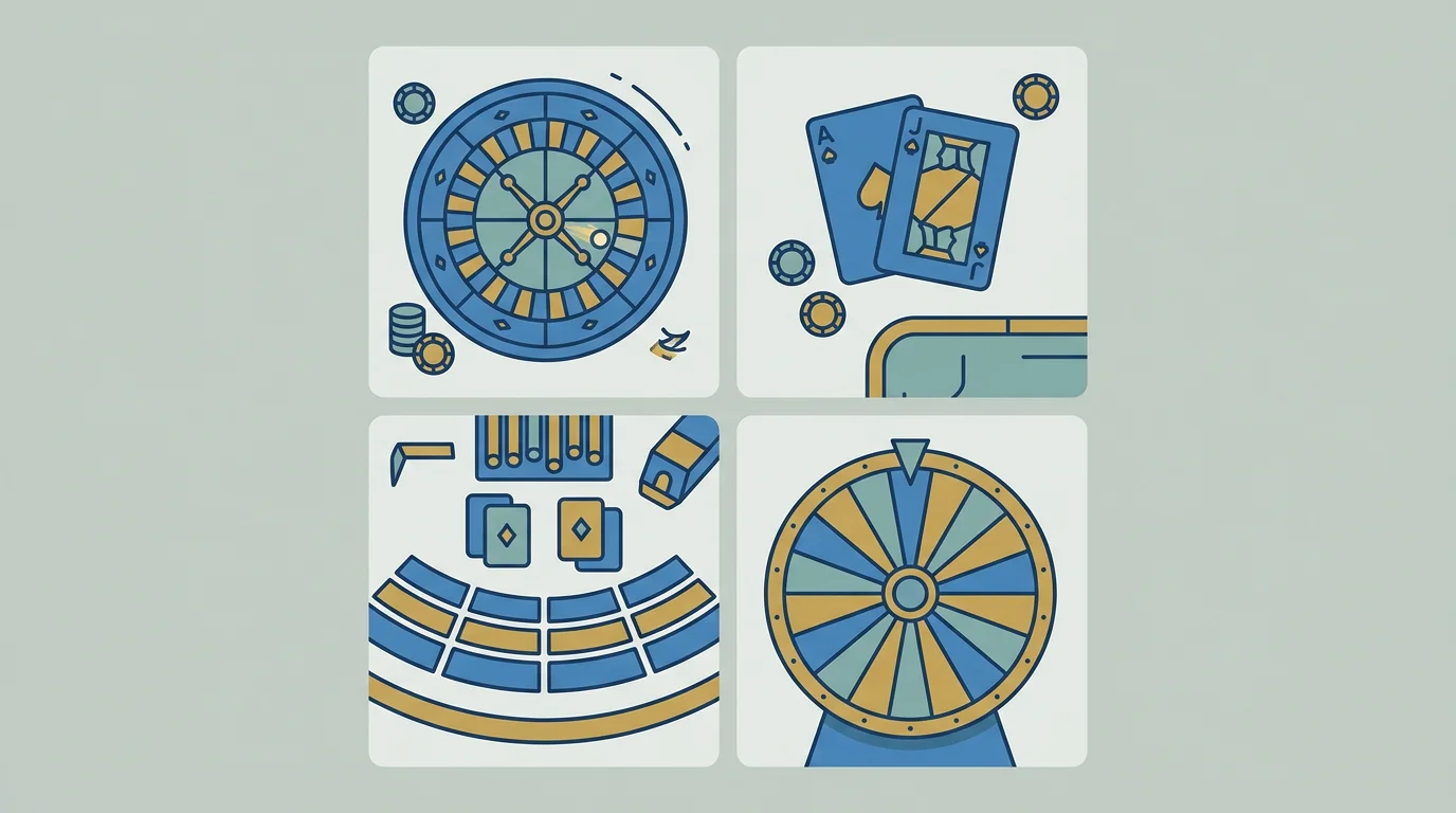 Übersicht der Live-Tischspiele: Roulette-Rad, Blackjack-Karten, Baccarat-Tisch und ein Game-Show-Rad