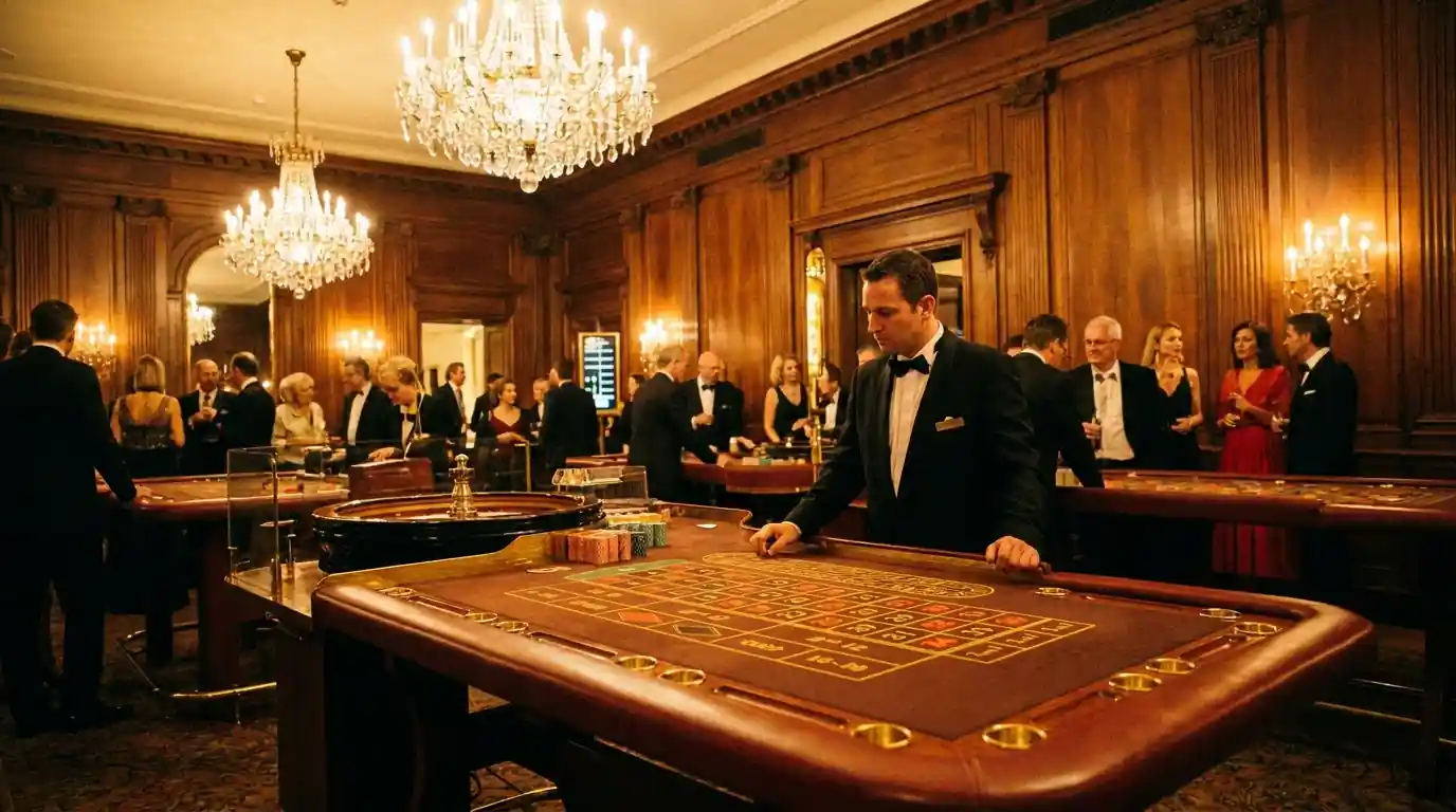 Ein eleganter Roulette-Tisch in einer landbasierten deutschen Spielbank mit einem Croupier