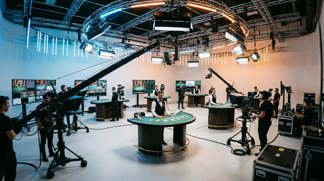 Ein Live-Casino-Studio mit mehreren Kameras, Croupiers an verschiedenen Tischen und Monitoren