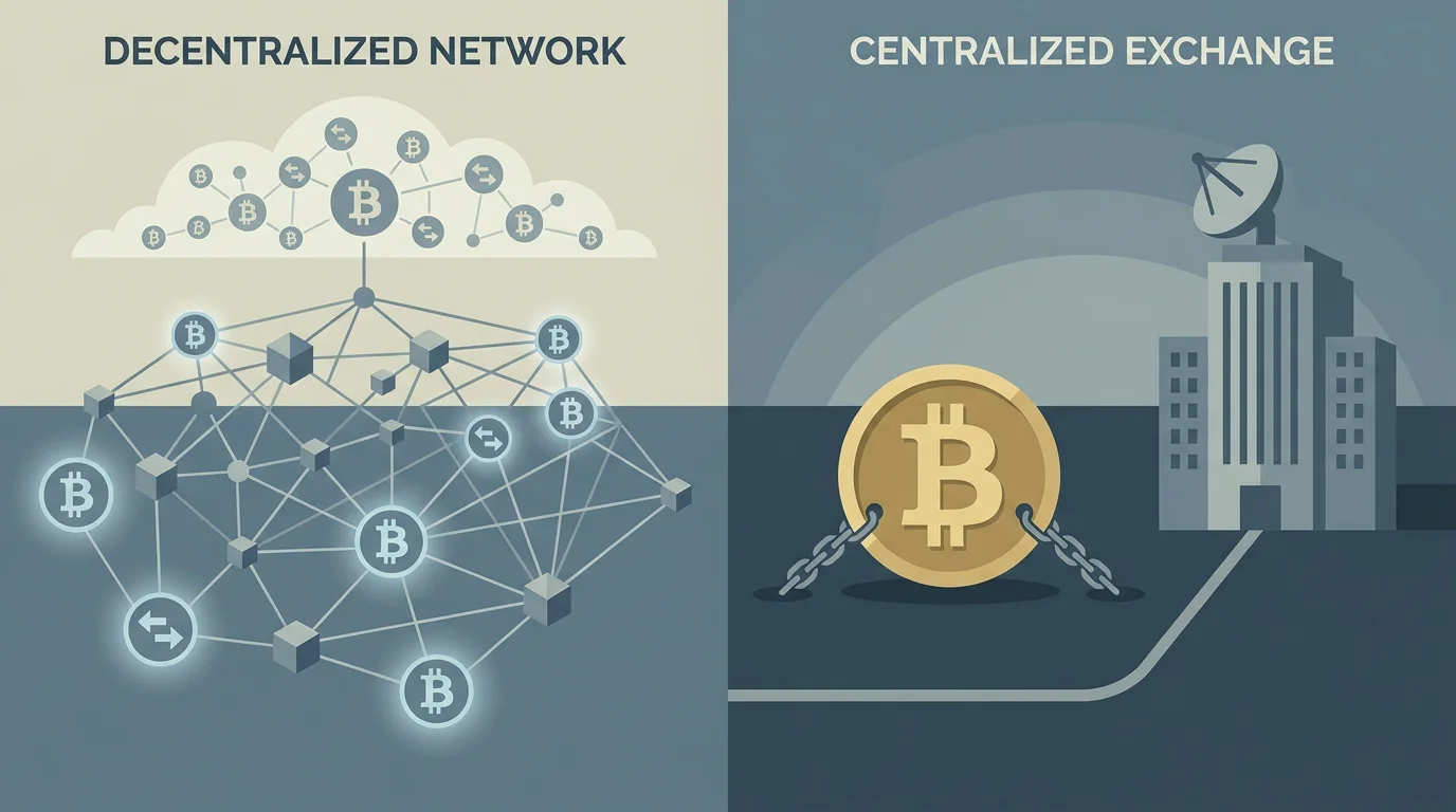 Gegenueberstellung von Bitcoin als dezentralem Netzwerk und Binance Coin, der an einem einzelnen Boersengebaeude haengt und damit ein Klumpenrisiko traegt