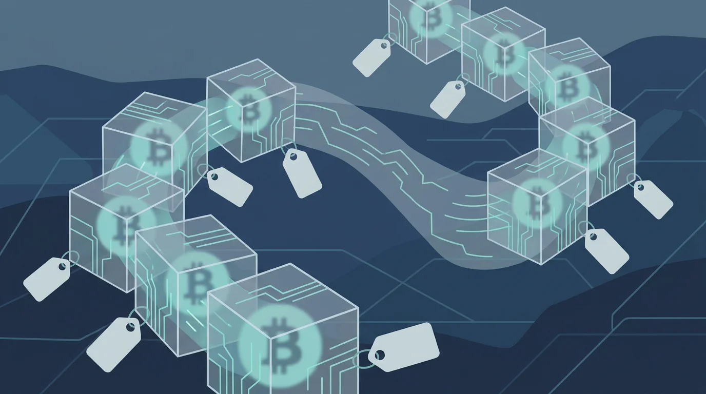 Sinnbild fuer den Anonymitaets-Mythos: eine oeffentliche Blockchain-Kette macht jede Bitcoin-Transaktion sichtbar, waehrend nur der Klarname fehlt
