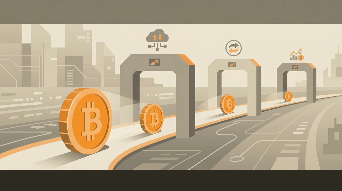 Sinnbild fuer versteckte Kosten der Bitcoin-Zahlung: eine scheinbar gebuehrenfreie Ueberweisung, die durch Netzgebuehr, Wechselkurs und Boersengebuehr schrumpft