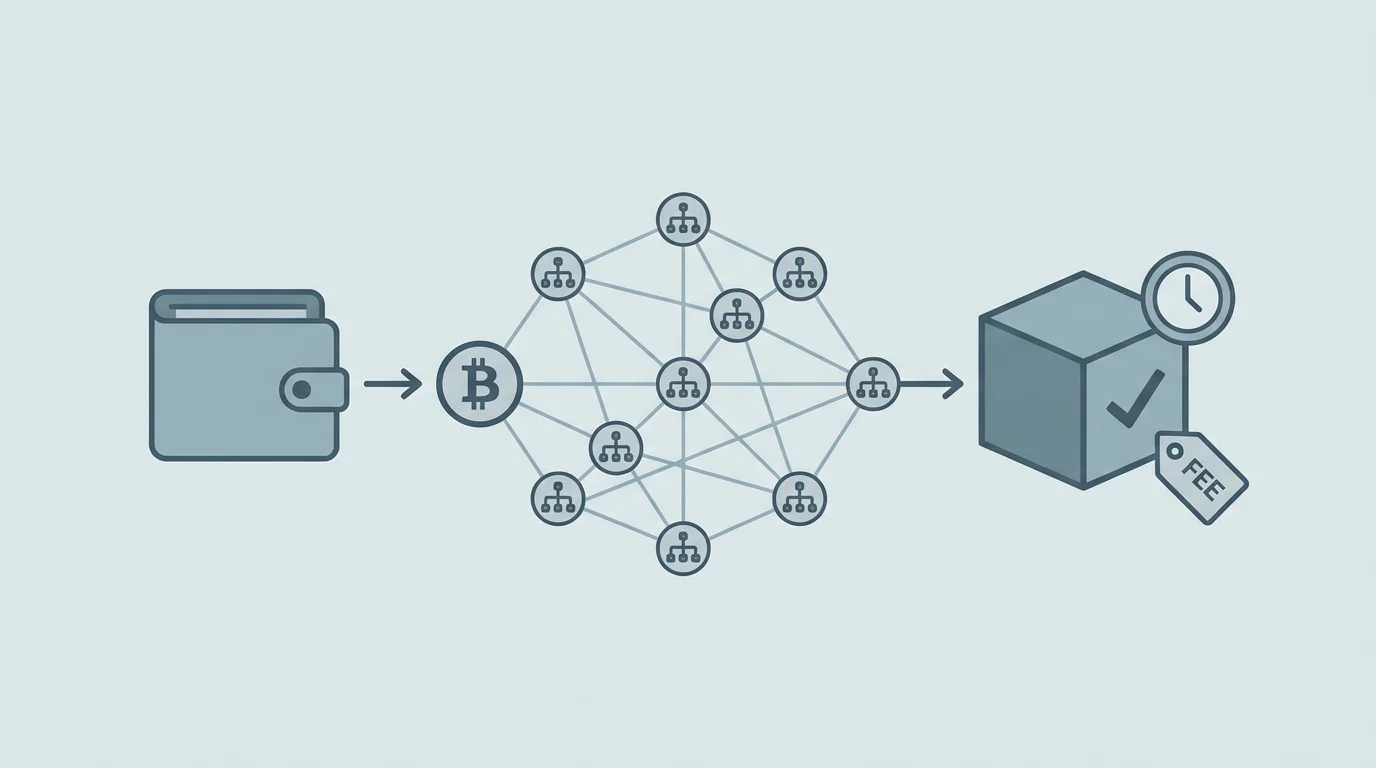 Darstellung einer Bitcoin-Transaktion vom Wallet ueber das Netzwerk in einen bestaetigten Block, mit Hinweis auf Bestaetigungszeit und Netzwerkgebuehr