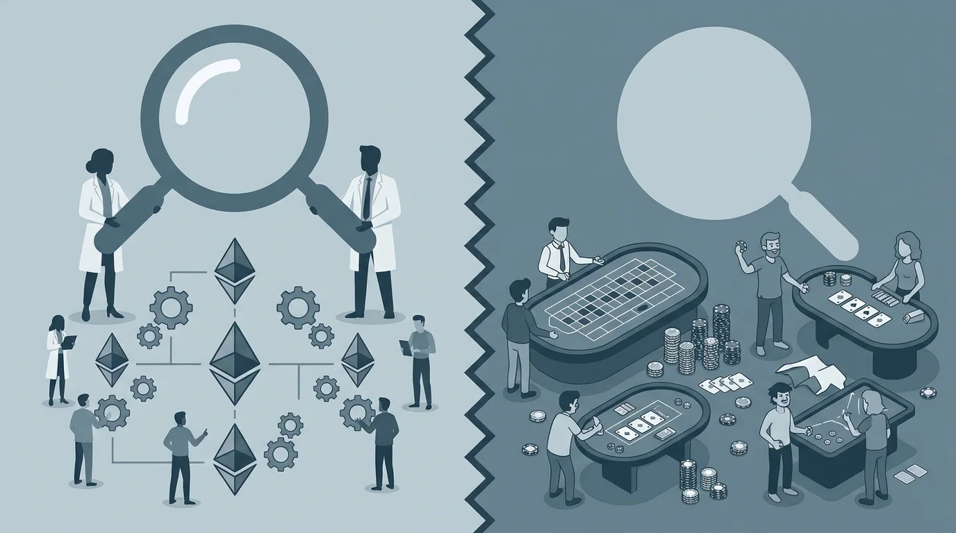 Gegenueberstellung des wissenschaftlichen Anspruchs von Cardano beim Protokoll und der voelligen Abwesenheit jeder Pruefung beim unregulierten Casino dahinter