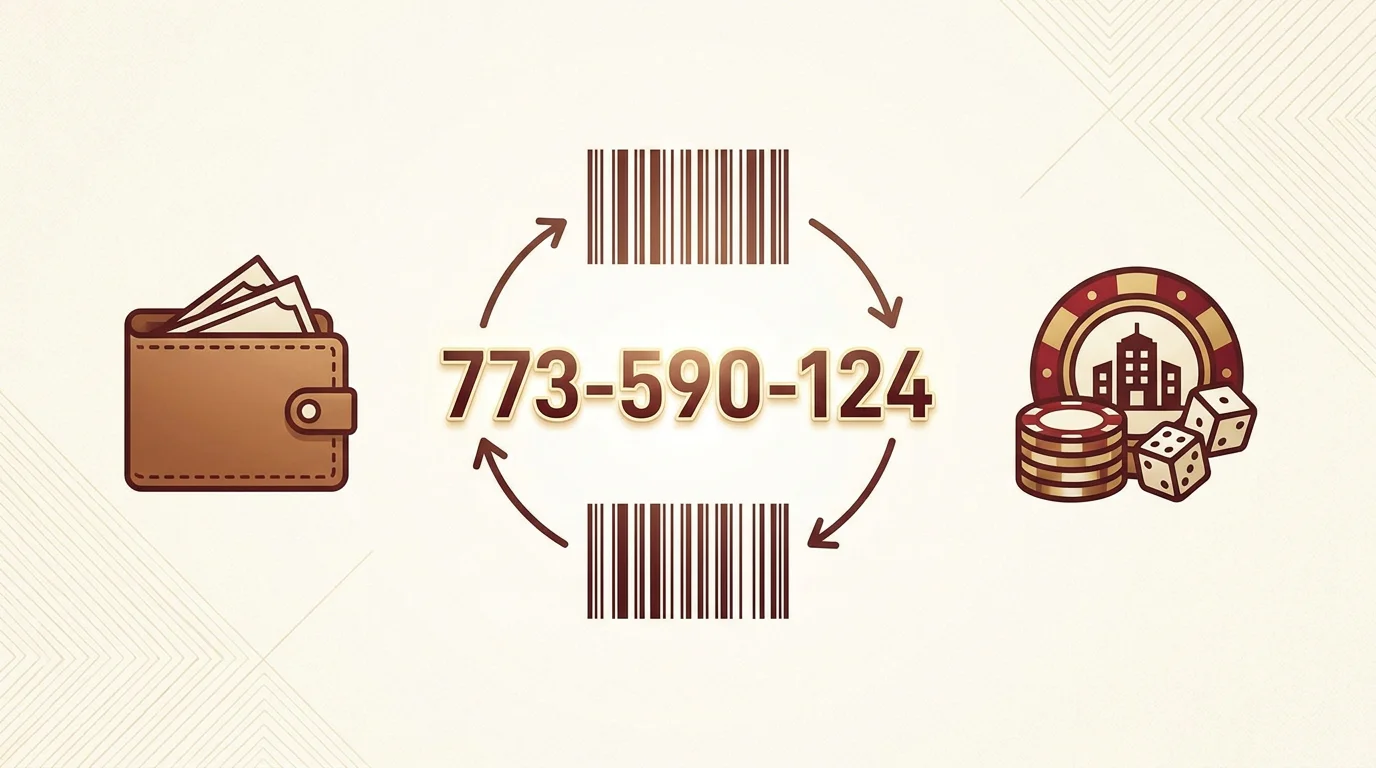 Ein Zahlencode und ein Barcode stehen sinnbildlich zwischen einem Portemonnaie und einem Casino-Konto, ohne Kartensymbol dazwischen.