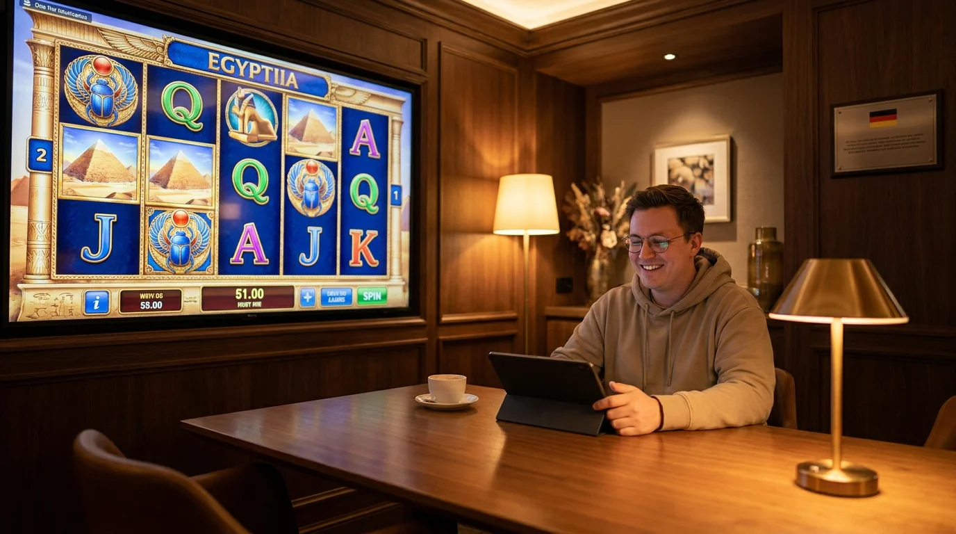 Zufriedener Spieler vor Book of Dead im legalen deutschen Online Casino als Symbol bewusster Auswahl