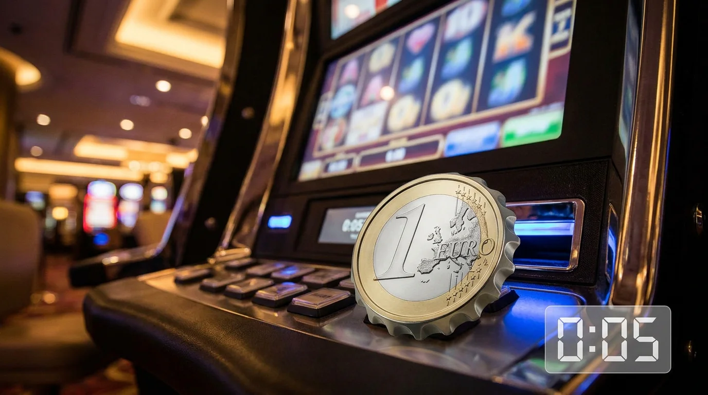 Spielautomat mit Euro-Einsatzdeckel und Fuenf-Sekunden-Regel als Symbol des deutschen Schutzrahmens