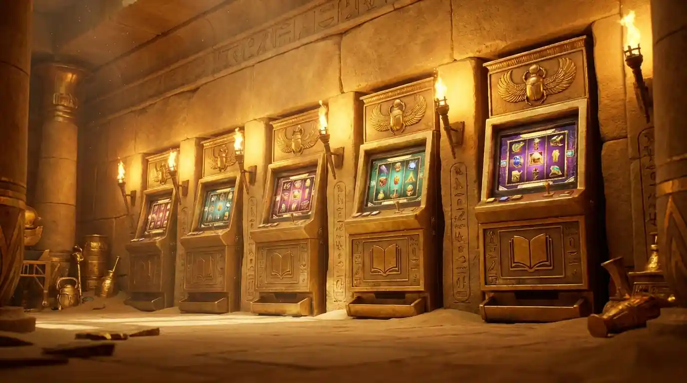 Mehrere aegyptische Book-Slots nebeneinander als Symbol der Play-n-GO-Slotfamilie
