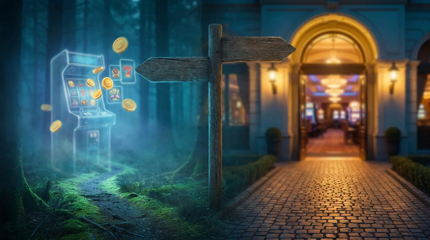 Ein Wegweiser mit zwei Richtungen: links das kostenlose Demo-Spiel, rechts das Echtgeld-Casino ohne klassische Anmeldung