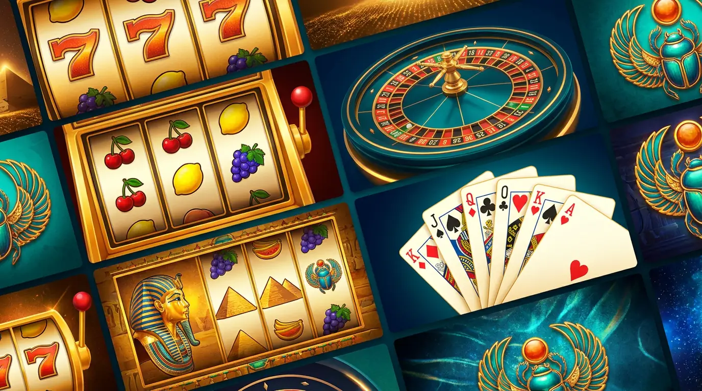 Eine Auswahl kostenloser Casino-Spiele: klassische Automaten mit Frucht- und Ägypten-Motiven neben einem digitalen Roulette