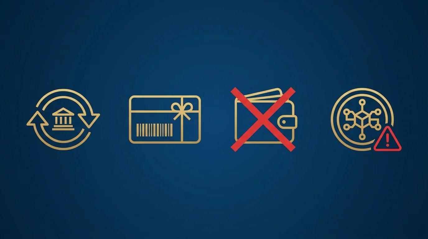 Verschiedene Zahlungssymbole – eine Sofortüberweisung, eine Guthabenkarte, ein durchgestrichenes PayPal und ein Bitcoin-Warnsymbol