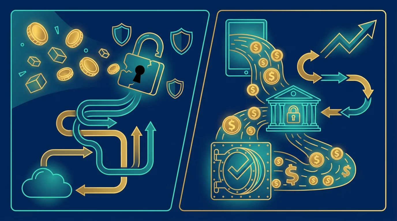 Zwei getrennte Wege in einer Grafik: links virtuelle Münzen ohne Konto, rechts echtes Geld über einen Bank-Login