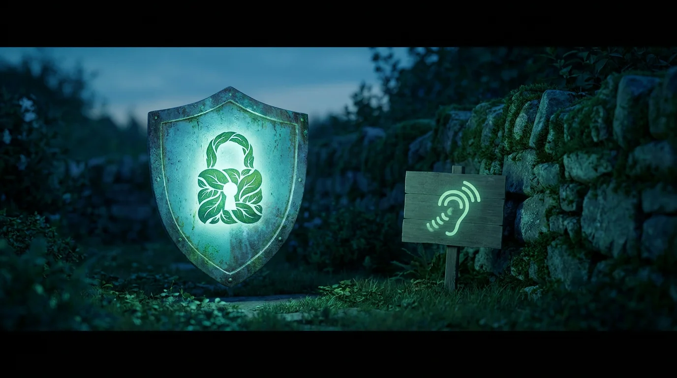 Ein Schutzschild mit einem Sperr-Symbol, daneben ein Hinweis auf eine anonyme Hilfe-Hotline