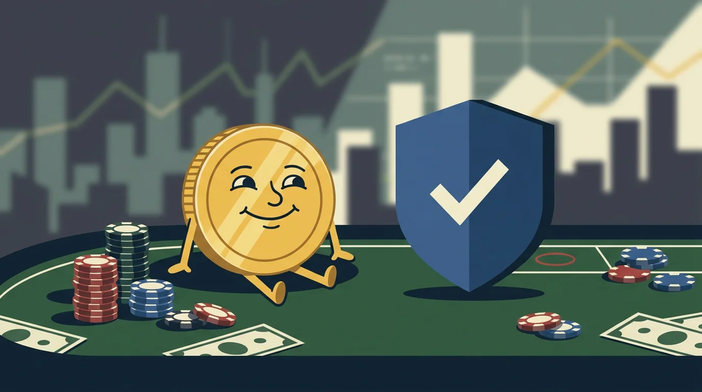 Sinnbild fuer den Dogecoin-Casino-Vergleich: eine verspielte DOGE-Muenze an einem Spieltisch, an dem es um echtes Geld geht, daneben ein nuechternes Schutzschild mit deutschem Bezug