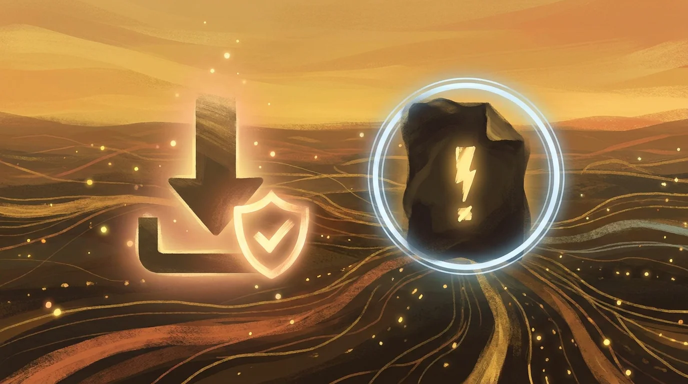 Konzeptbild: ein Download-Symbol mit einem schützenden Häkchen für den sicheren Weg daneben eine unbekannte Datei mit einem warnenden Zeichen, warme Farben mit einem kühlen Warnakzent, keine Schrift, keine Logos, editorialer Stil