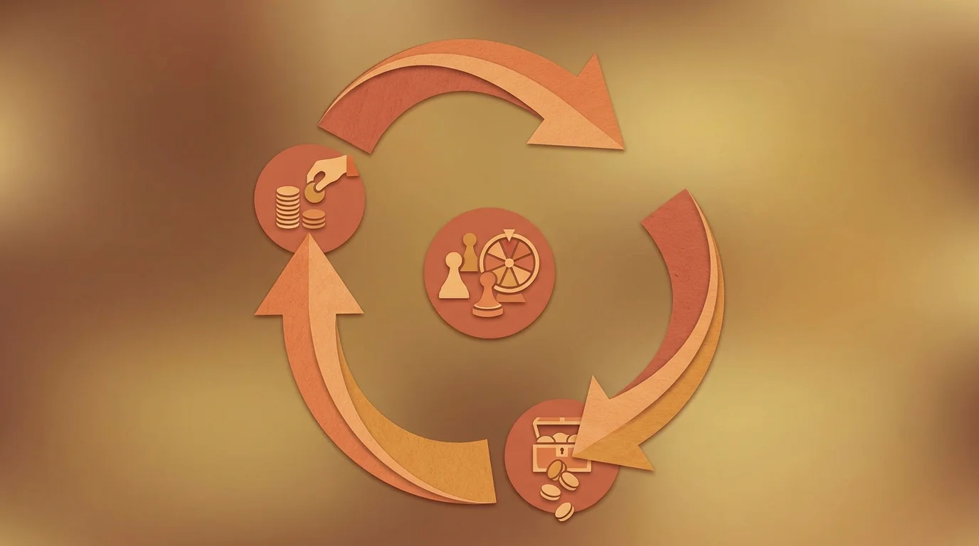 Konzeptbild: ein ruhiger Kreislauf aus drei Pfeilen, die Einzahlung, Spiel und Auszahlung verbinden, geordnete warme Farben, keine Schrift, keine Logos, editorialer Stil