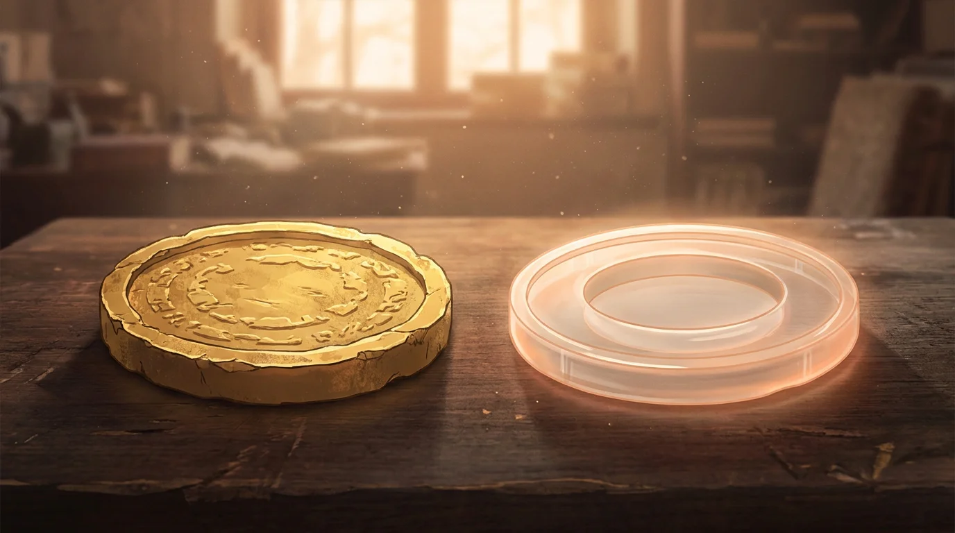 Konzeptbild: zwei Spielmarken nebeneinander, die eine aus echtem Gold und schwer, die andere hohl und leicht als Spielmarke erkennbar, warmes Licht, keine Schrift, keine Logos, editorialer Stil