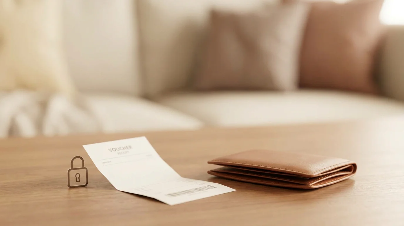 Ein Voucher-Beleg neben einem geschlossenen Vorhängeschloss als Sinnbild für eigenes Geld ohne Weitergabe von Bankdaten.
