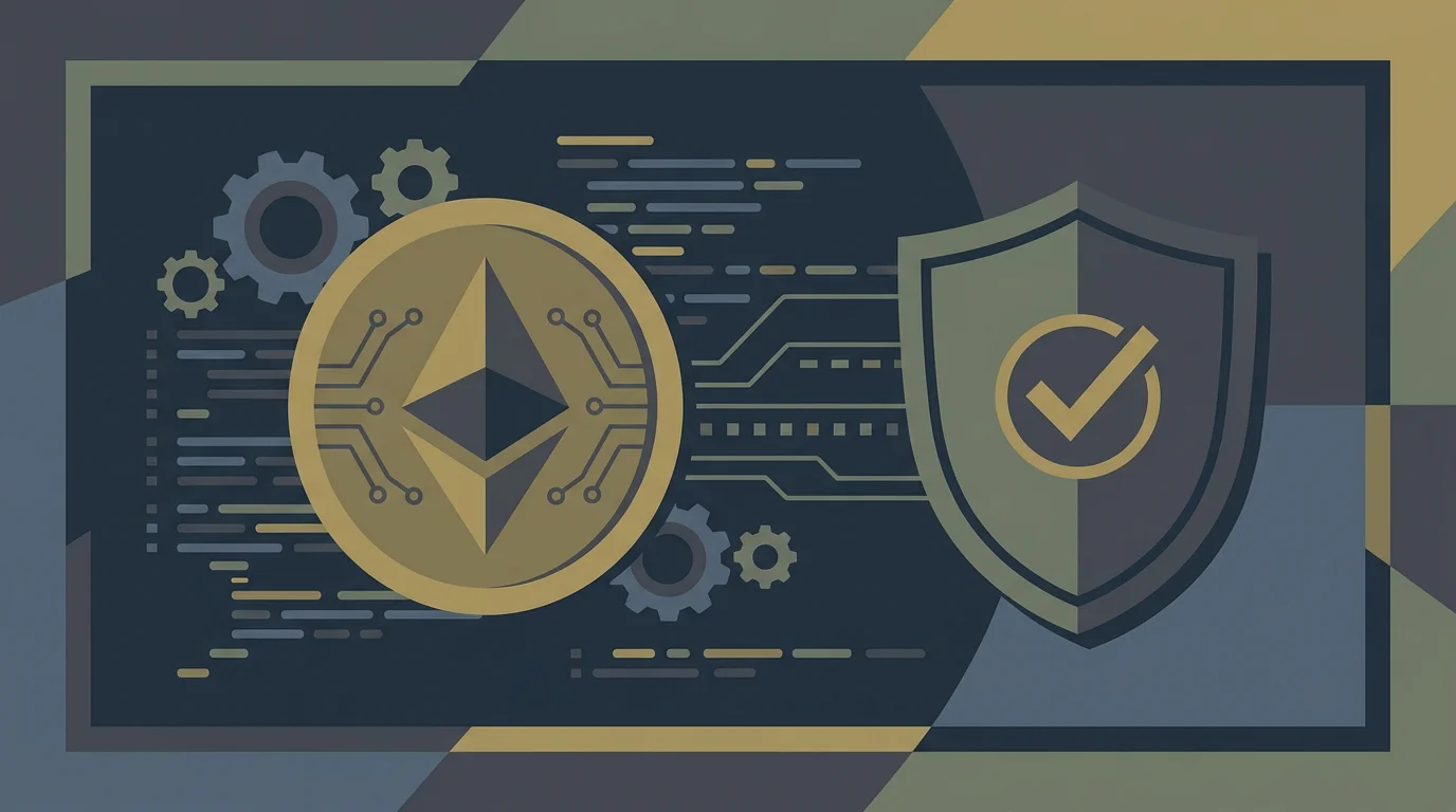 Sinnbild fuer den Ethereum-Casino-Vergleich: eine Ethereum-Muenze vor einem Smart-Contract-Code, daneben ein Schutzschild mit deutschem Bezug als Gegenpol