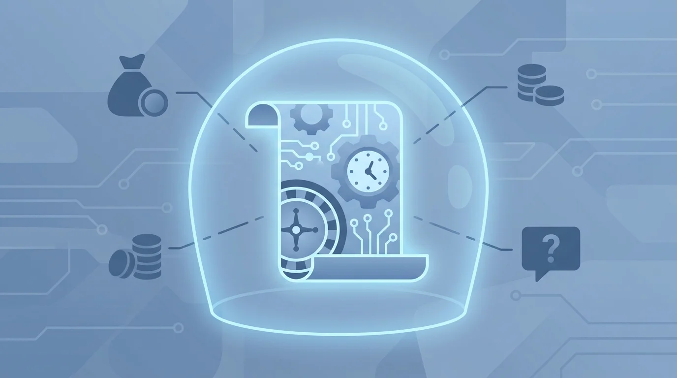 Sinnbild dafuer, dass ein Smart Contract nur eine einzelne Spielrunde absichert, waehrend Auszahlung, Kundengeldtrennung und Beschwerdeweg ausserhalb seiner Reichweite bleiben