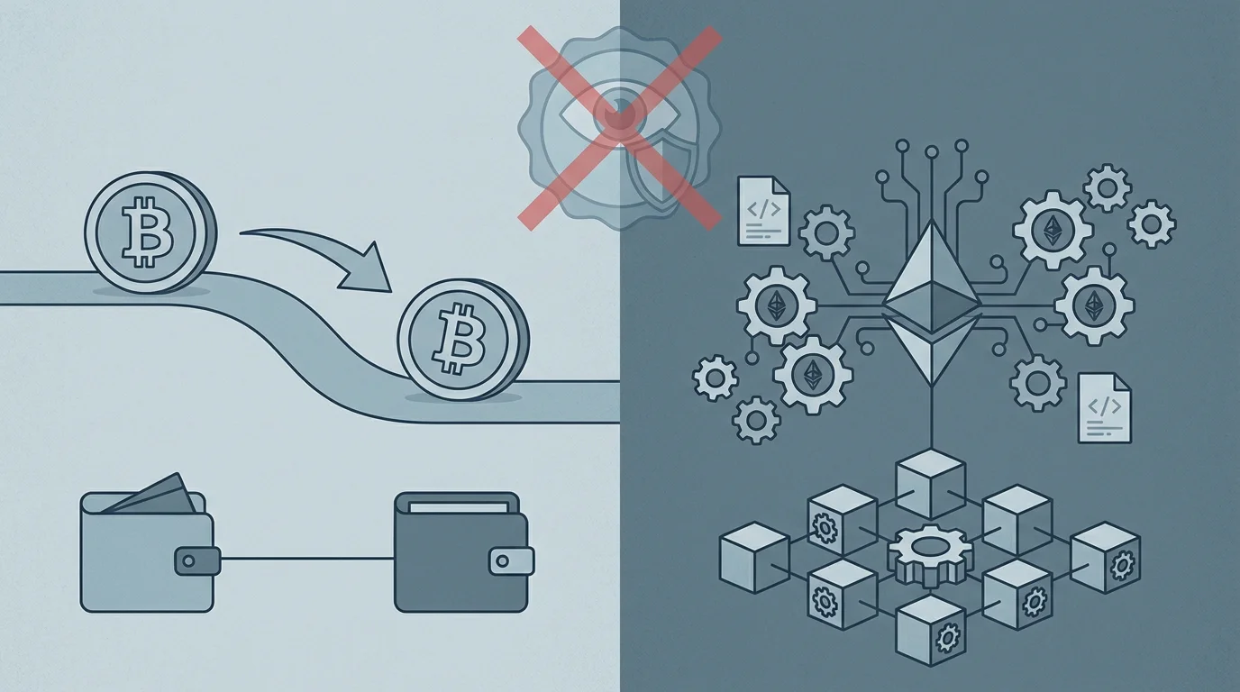 Gegenueberstellung von Bitcoin als reines Wertuebertragungssystem und Ethereum als programmierbare Blockchain mit Smart Contracts, beide ohne deutsche Aufsicht