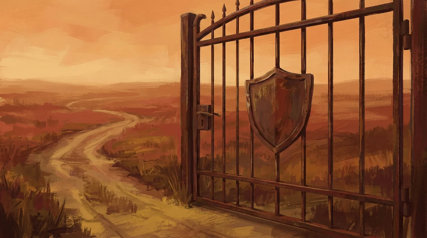 Illustration: ein verschlossenes Tor mit einem Schild-Symbol, daneben ein Trampelpfad, der außen herum ins offene, ungesicherte Gelände führt, ruhige warnende Farbstimmung
