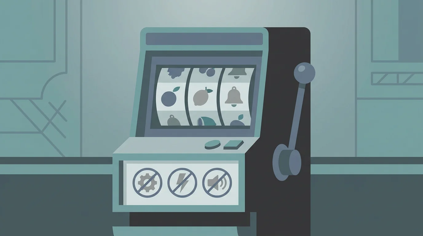 Illustration eines Spielautomaten, dessen aggressivste Funktionen als abgeschaltete Symbole dargestellt sind, das Spiel selbst bleibt