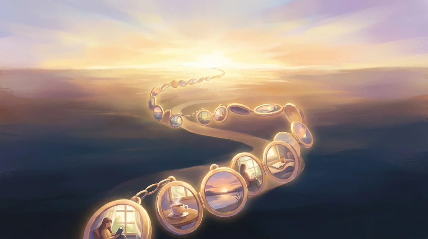Illustration: eine Kette aus vielen kleinen, ruhigen Momenten, die zusammen einen Weg heraus bilden, warme, hoffnungsvolle Farben