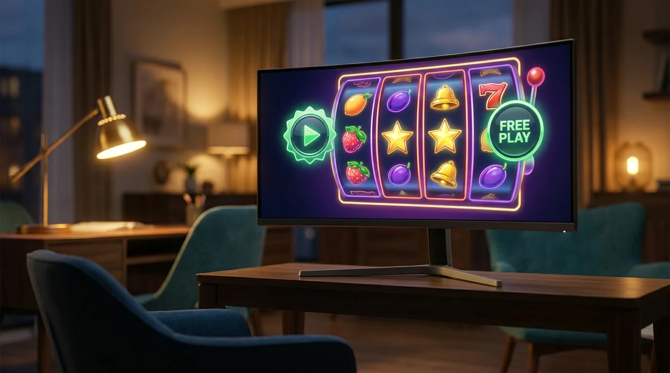 Ein Bildschirm mit bunten Spielautomaten-Walzen und einem grünen Gratis-Symbol ohne Anmeldeformular