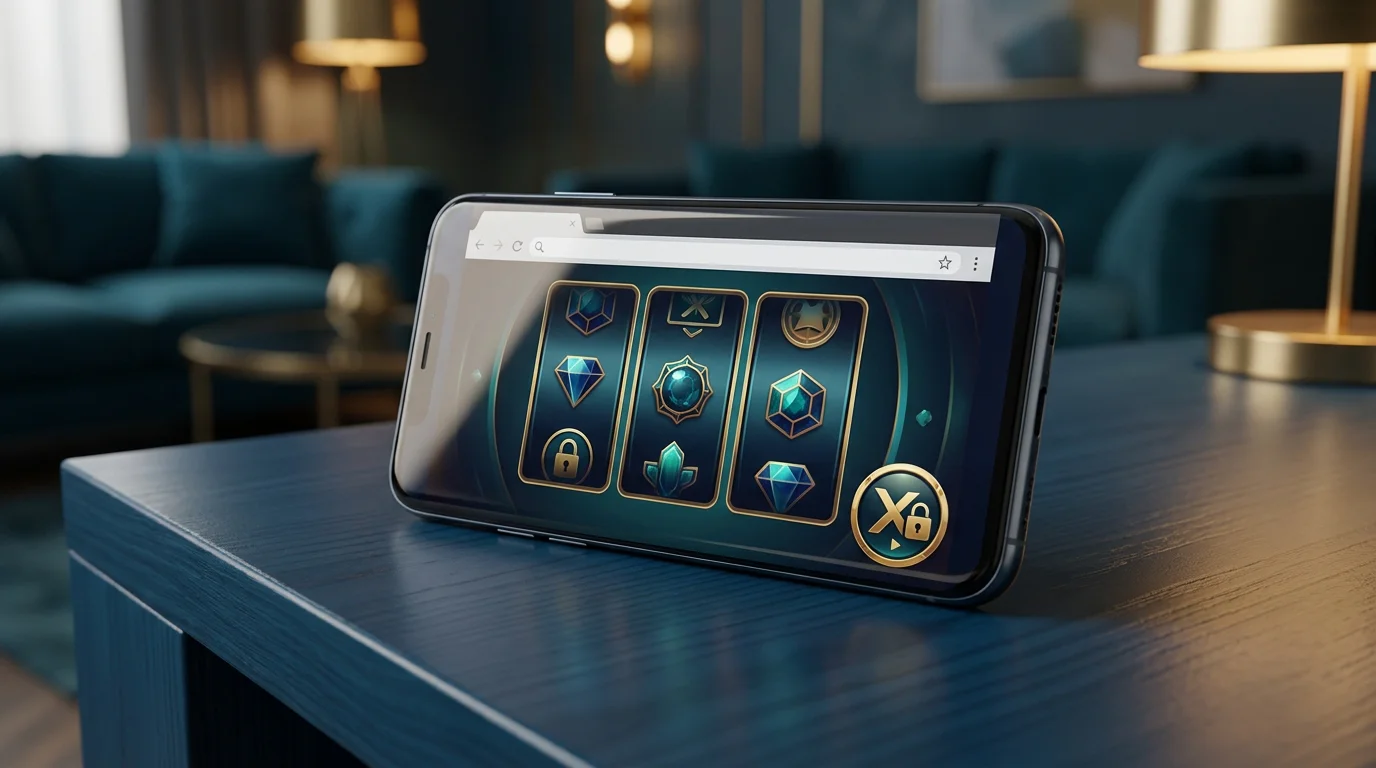 Ein Smartphone, das ein Automatenspiel im Demo-Modus im Browser zeigt, ohne App und ohne Anmeldung