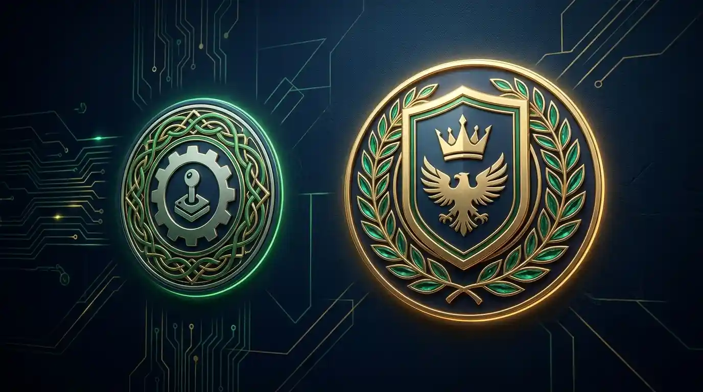 Ein technisches Prüfsiegel für ein einzelnes Spiel neben einem staatlichen Lizenzschild für den ganzen Anbieter