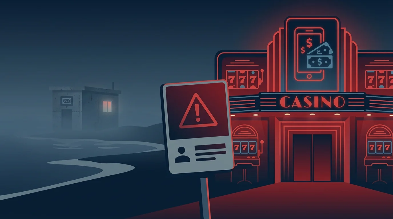 Warnschild vor einem Casino, das Zahlung per Handyrechnung bewirbt, im Hintergrund eine ausländische Briefkastenfirma