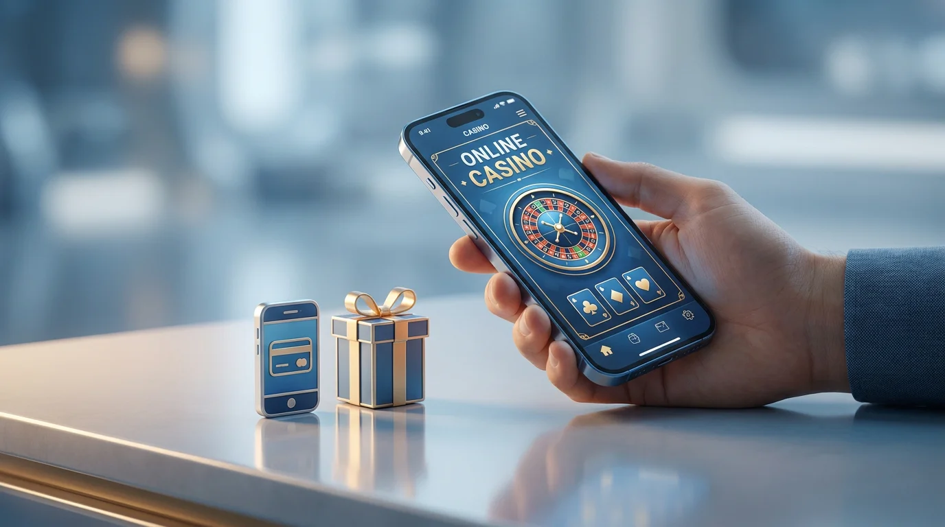 Ein Online-Casino läuft auf einem Smartphone, daneben Symbole für bezahlen per Handy und ein Gratis-Bonus