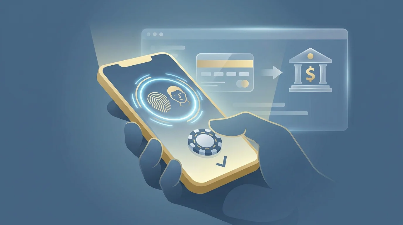 Hand hält ein Smartphone und bestätigt eine Casino-Einzahlung per Apple Pay oder Google Pay mit Fingerabdruck
